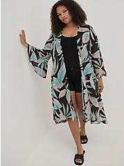 Plus Size Hi-Low Flared Kimono - Crinkle Gauze Lurex Summer Leaves, PALM LEAVES BLACK, alternate