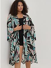 Plus Size Hi-Low Flared Kimono - Crinkle Gauze Lurex Summer Leaves, PALM LEAVES-BLACK, alternate