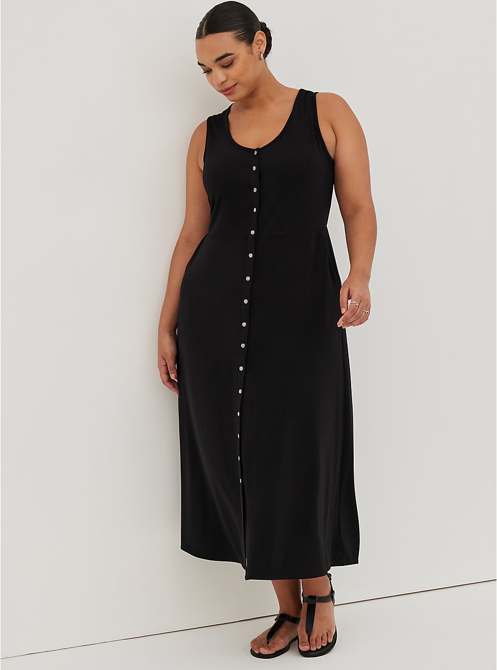 Button Front Maxi Dress - Jersey Black, DEEP BLACK, hi-res