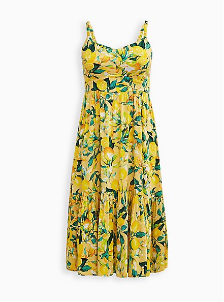 Tiered Midi Dress - Lemon Print Yellow, LEMON LEAVES: YELLOW, hi-res
