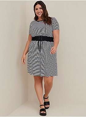 Smocked Waist T-Shirt Dress - Jersey Stripe Black & White