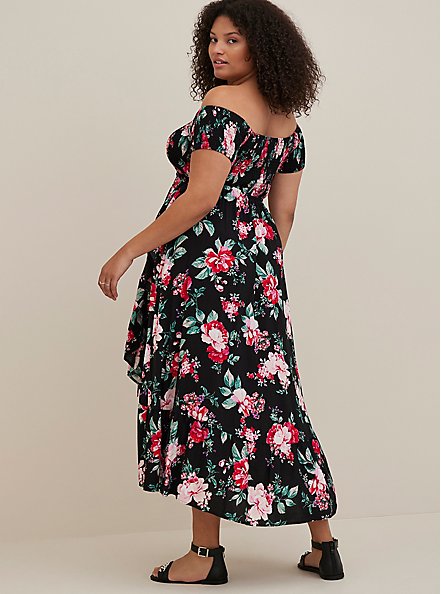 Plus Size Off the Shoulder Hi-Low Dress - Challis Floral Black, FLORAL - BLACK, alternate