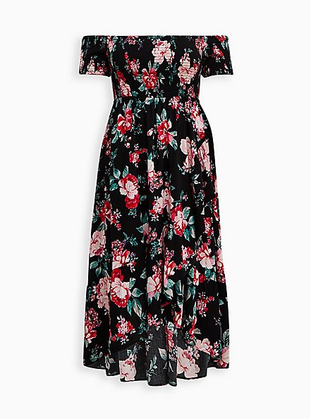 Plus Size Off the Shoulder Hi-Low Dress - Challis Floral Black, FLORAL - BLACK, hi-res