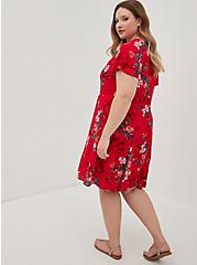 Flutter Sleeve Lace-Up Skater Dress - Gauze Floral Red, FLORAL - RED, alternate