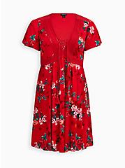 Flutter Sleeve Lace-Up Skater Dress - Gauze Floral Red, FLORAL - RED, hi-res