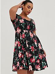Plus Size Smocked Bodice Skater Dress - Stretch Challis Floral Black, FLORAL - BLACK, hi-res