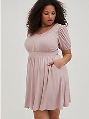 Plus Size Smocked Puff Sleeve Mini Dress - Jersey Light Pink , PINK, hi-res