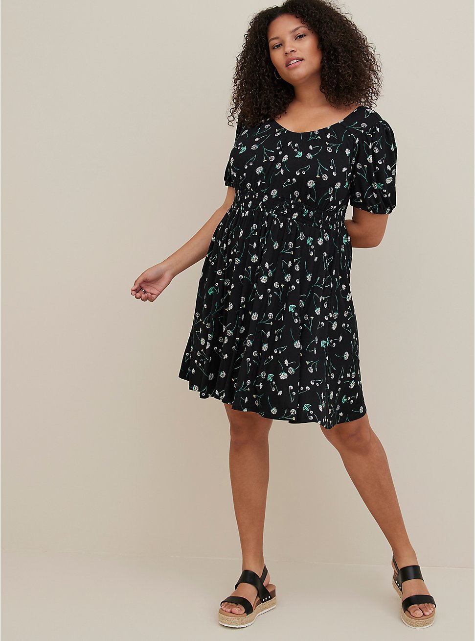 Plus Size Puff Sleeve Mini Dress - Jersey Floral Black, FLORAL - BLACK, hi-res