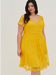 Button Front Skater Dress - Lace Yellow, YELLOW, alternate