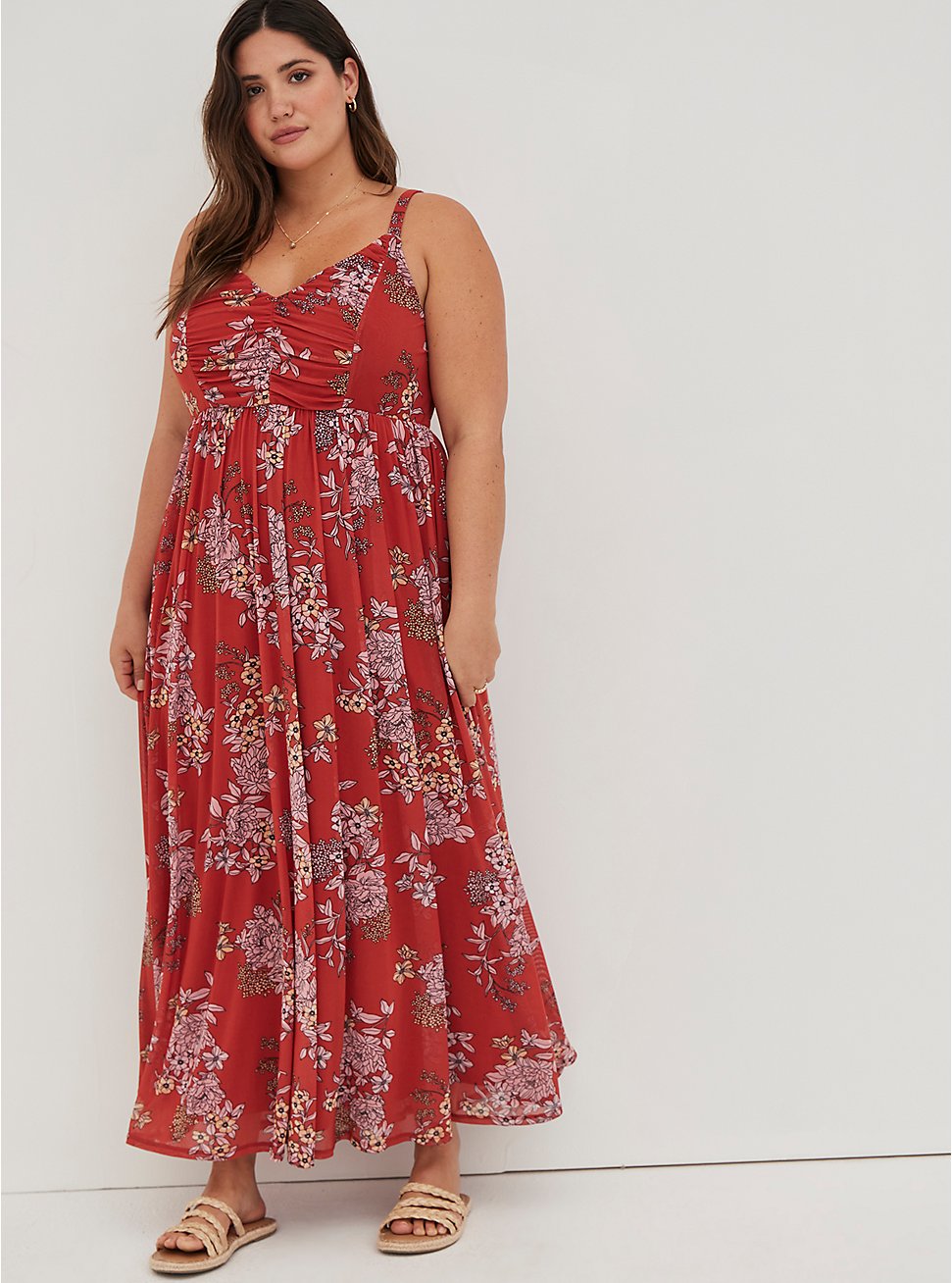 Plus Size Pleated Maxi Dress - Soft Mesh Floral Red, FLORAL - RED, hi-res