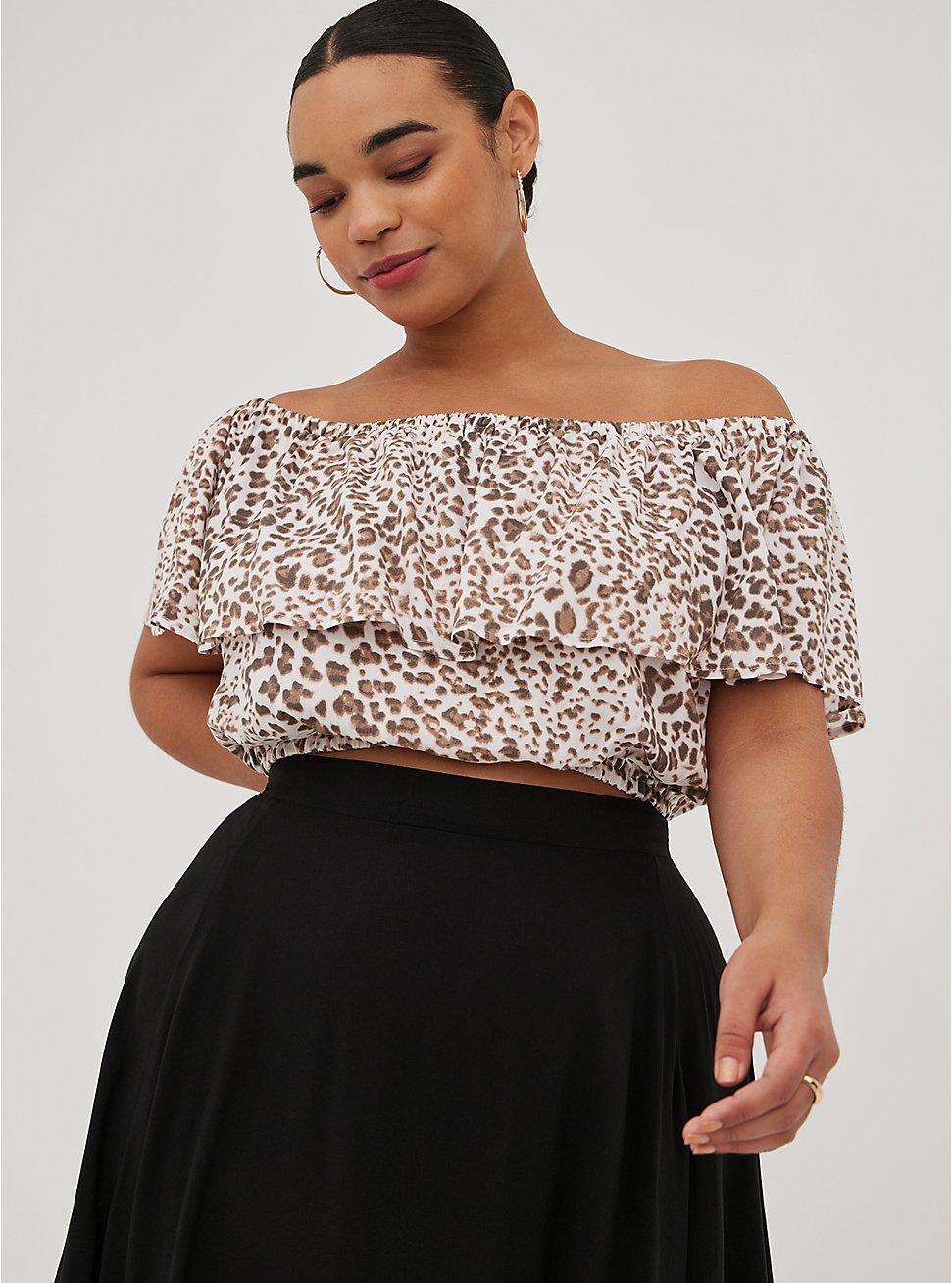 Plus Size Top & Skirt Set - Challis Leopard & Black, BLACK  WHITE, hi-res