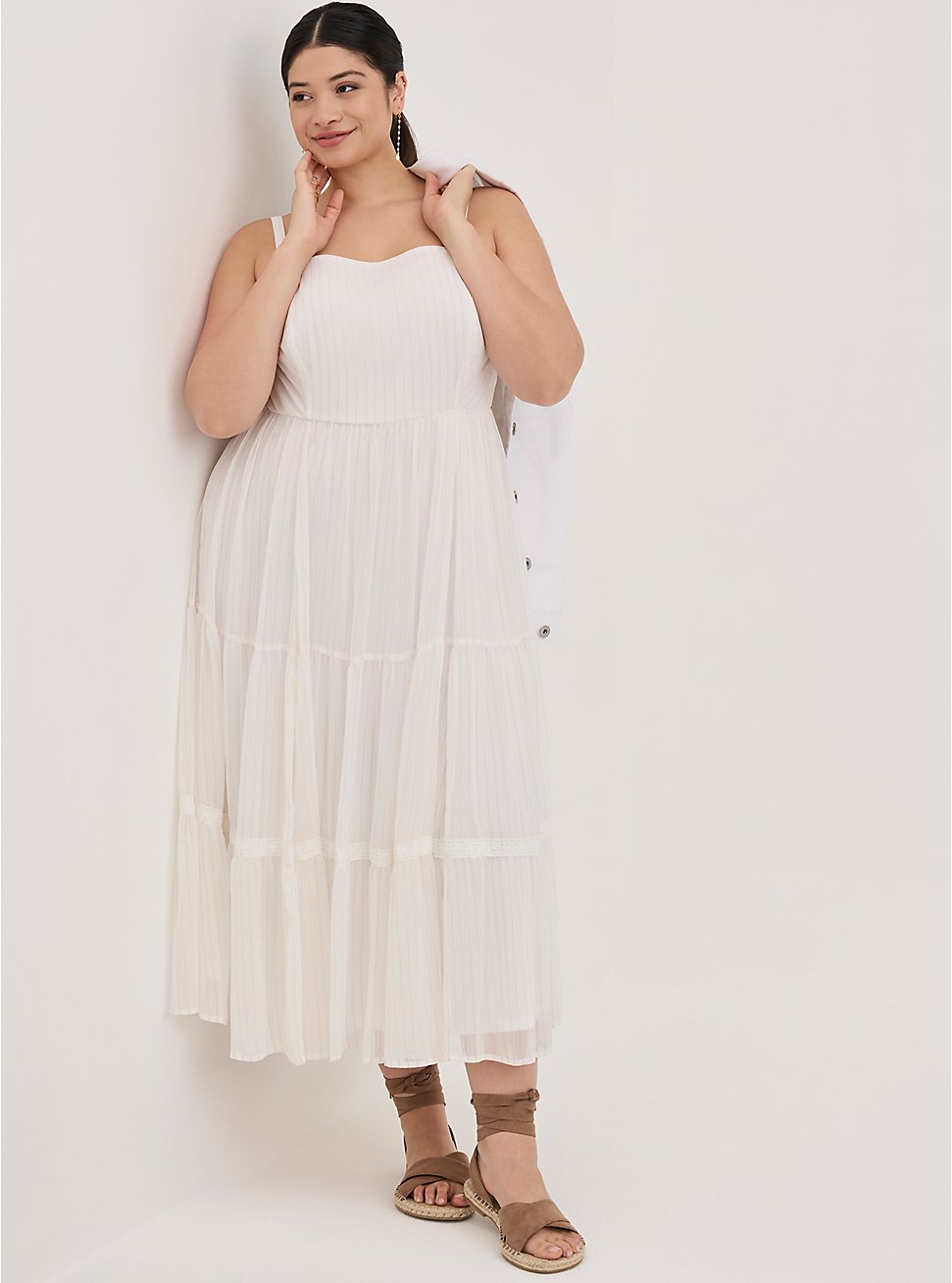 Tiered Tea Length Dress - Chiffon & Lurex White, BRIGHT WHITE, hi-res