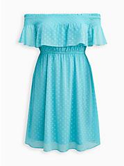 Off-Shoulder Smocked Mini Skater Dress - Chiffon Clip Dot Blue, BLUE, hi-res