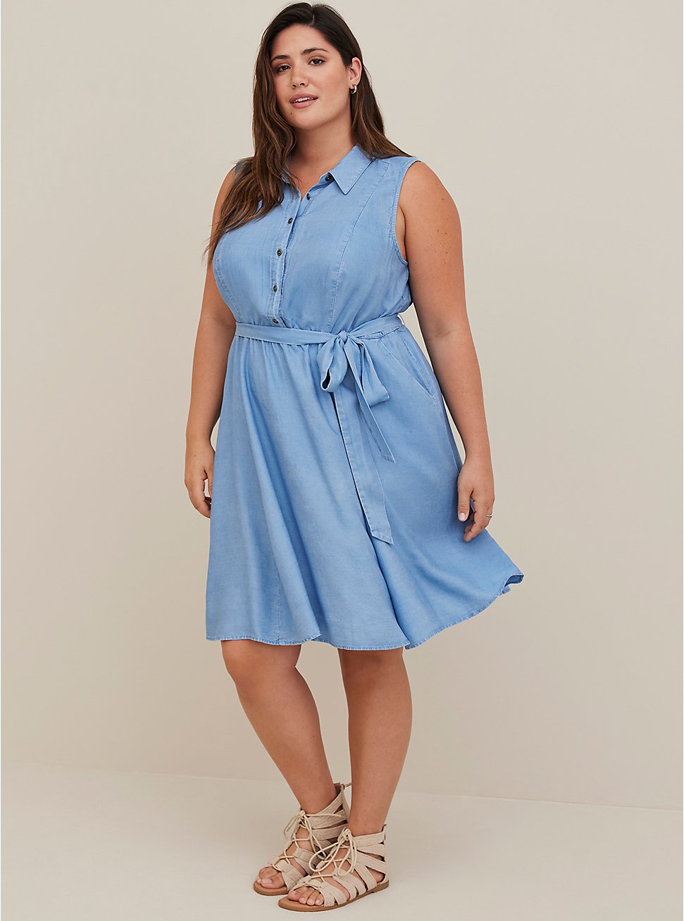 Plus Size Collared Shirt Dress - Chambray Blue, MEDIUM WASH, hi-res