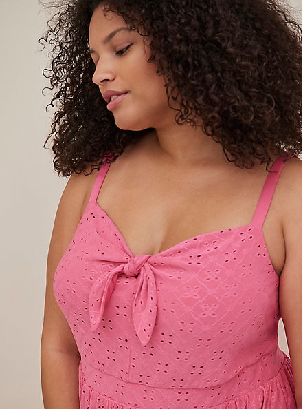 Plus Size Embroidered Tie-Front Skater Dress - Pink, PINK, alternate
