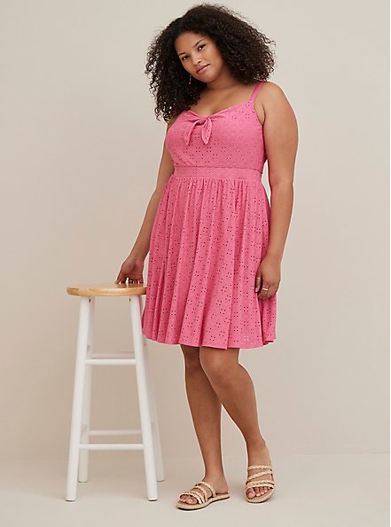 Plus Size Embroidered Tie-Front Skater Dress - Pink, PINK, hi-res