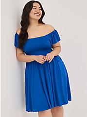 Plus Size Off-Shoulder Smocked Skater Dress - Super Soft Blue, NAUTICAL BLUE: BLUE, hi-res