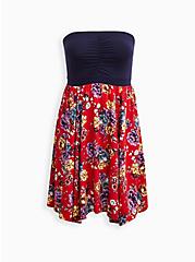 Plus Size Strapless Hanky Hem Dress - Challis & Jersey Floral Blue & Red, FLORAL - MULTI, hi-res