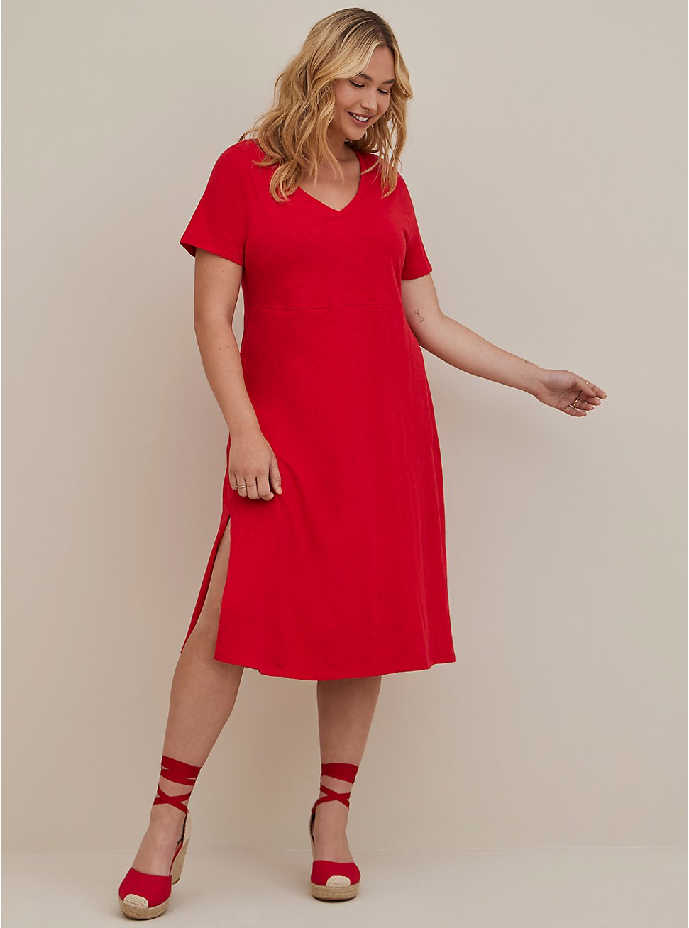 Plus Size Side Slit Midi Dress - Cotton Slub Red, RACING RED, hi-res