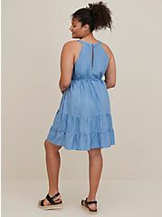 High Neck Tiered Mini Dress - Chambray Blue, MEDIUM WASH, alternate