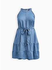 High Neck Tiered Mini Dress - Chambray Blue, MEDIUM WASH, hi-res