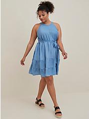High Neck Tiered Mini Dress - Chambray Blue, MEDIUM WASH, hi-res