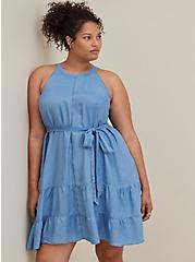 Plus Size High Neck Tiered Mini Dress - Chambray Blue, MEDIUM WASH, alternate