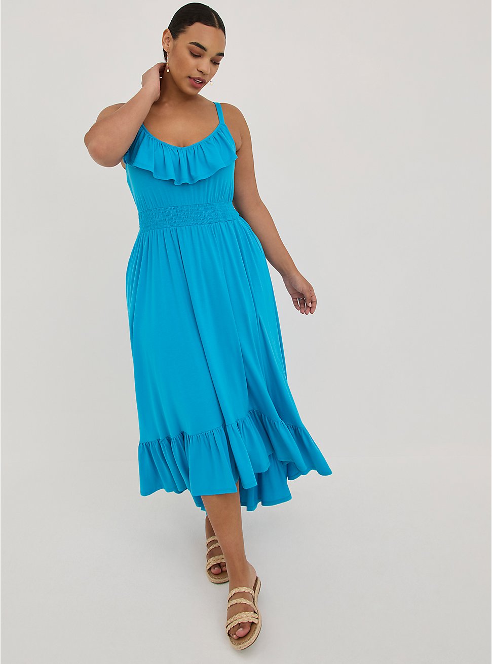 Plus Size Ruffle Smocked Waist Hi-Low Maxi Dress - Jersey Blue, BLUE, hi-res