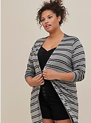 Plus Size Button Front Duster Cardigan - Super Soft Striped Grey, MULTI, alternate