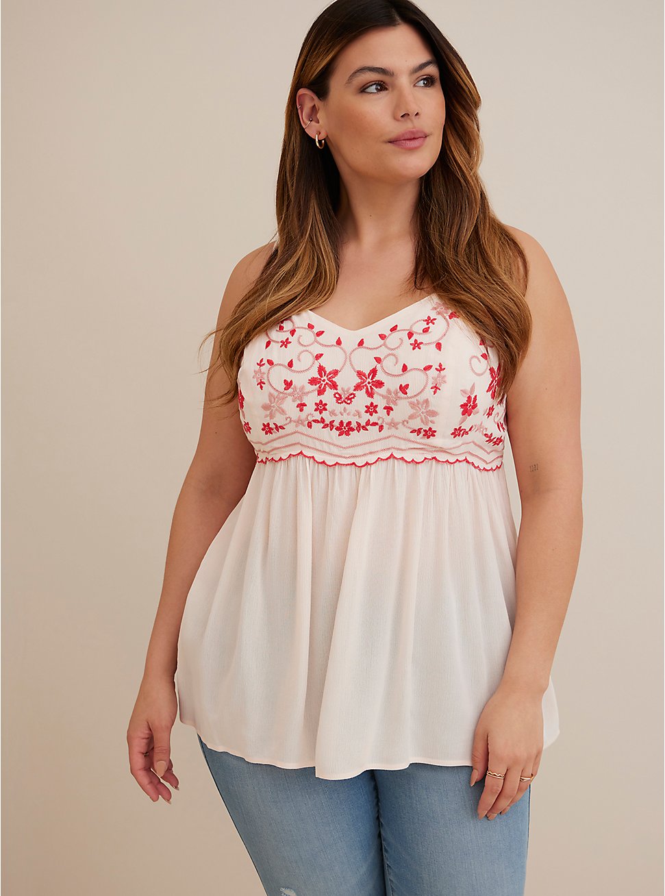 Embroidered Babydoll Top - Gauze Blush & Red, BLUSH, hi-res