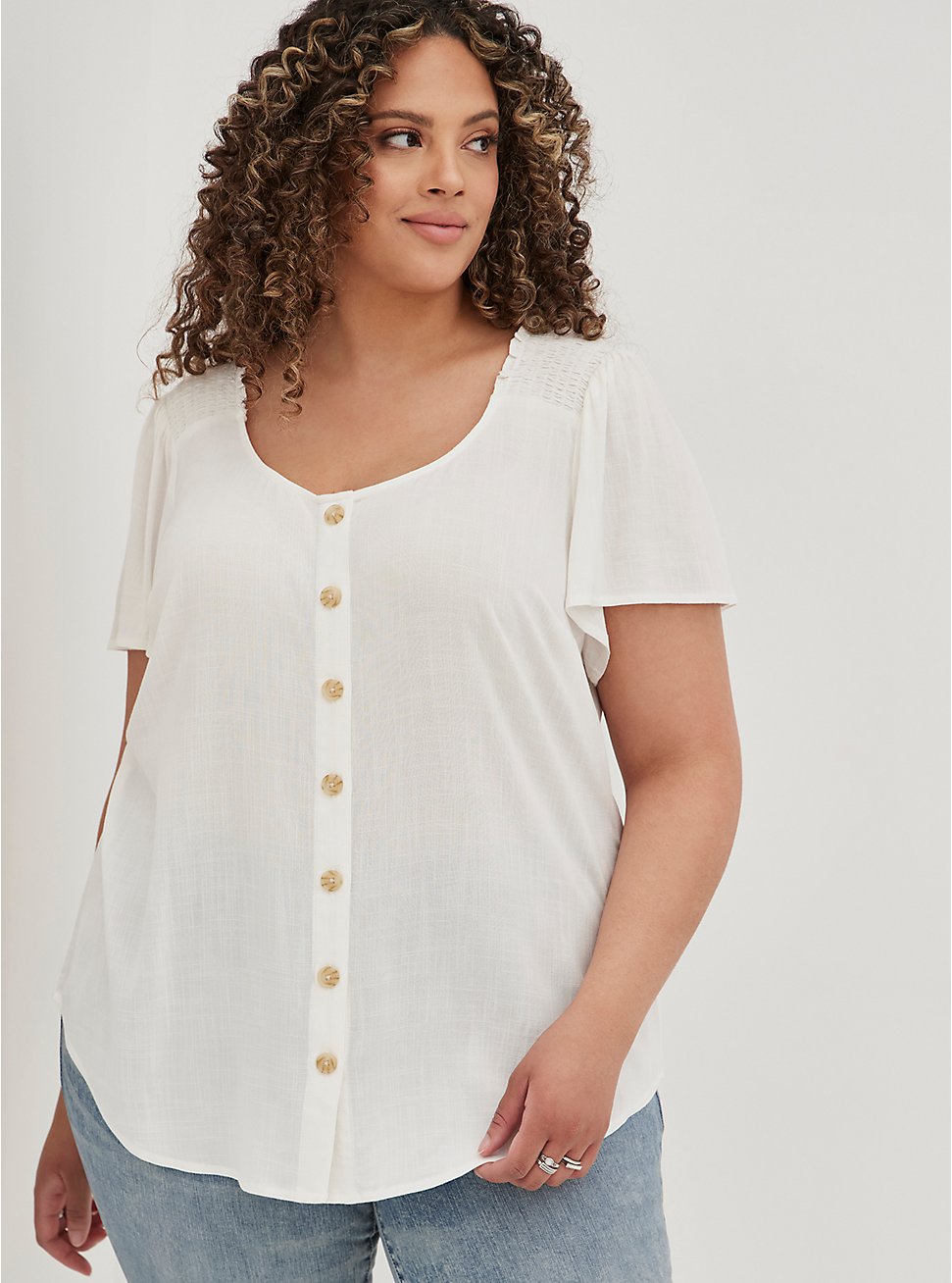 Plus Size Flutter Sleeve Blouse - Textured Stretch Rayon White	, CLOUD DANCER, hi-res