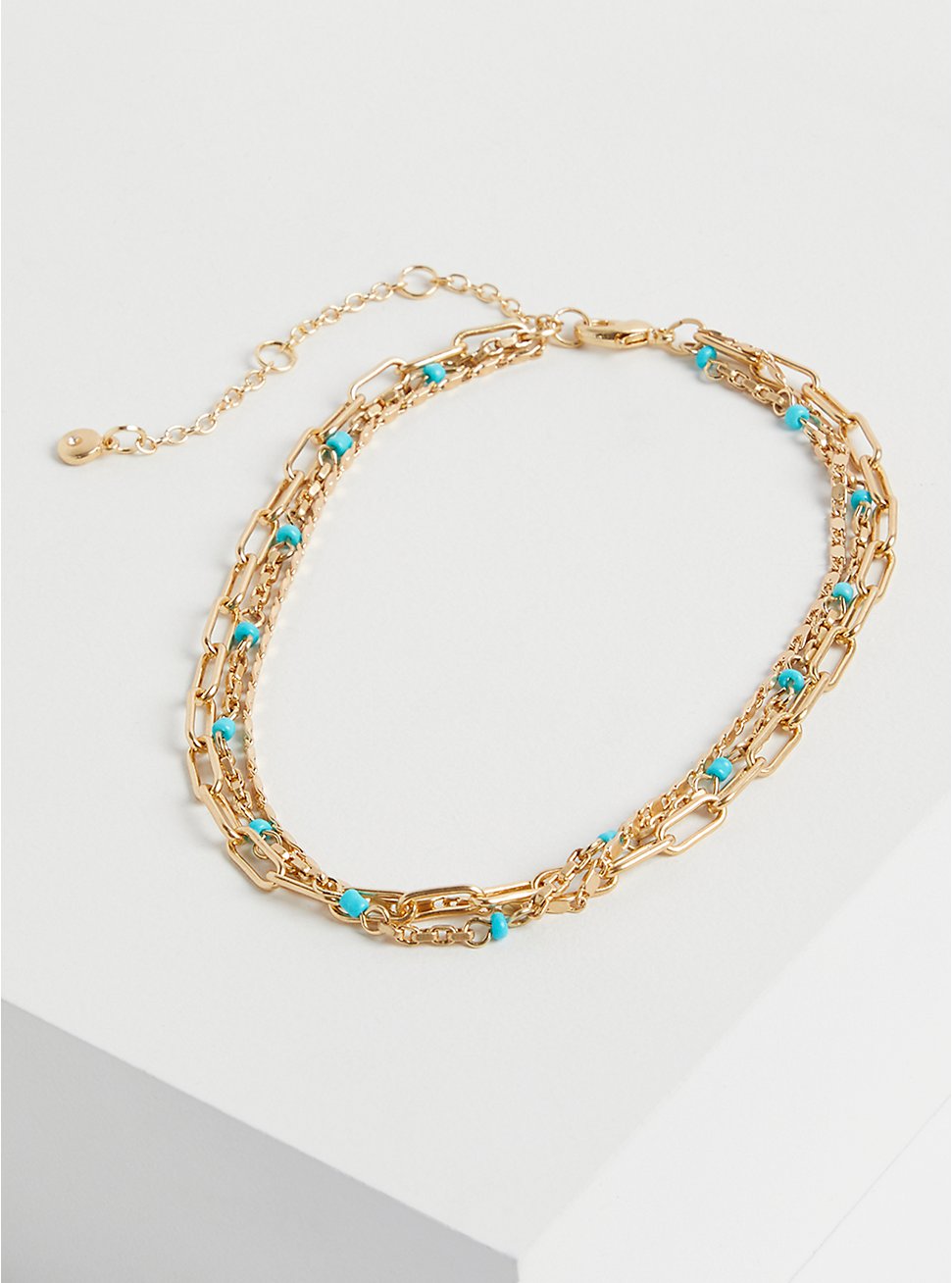 Plus Size Beaded Link Anklet - Gold Tone & Turquoise, , hi-res