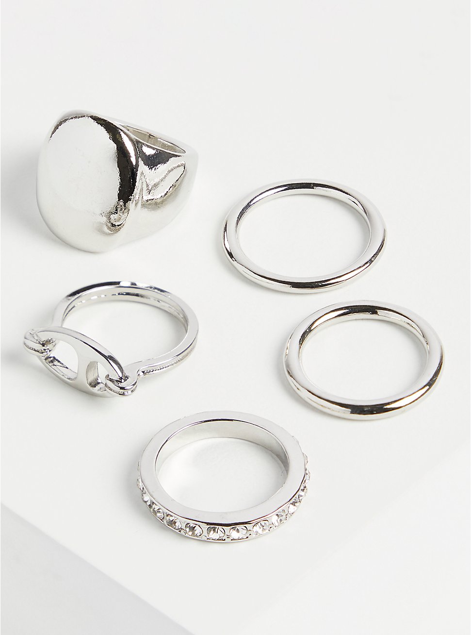 Dome Ring and Bands Ring Set of 5 - Silver Tone, SILVER, hi-res