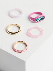 Resin and Enamel Ring Set of 5 - Gold Tone & Pink, PINK, hi-res