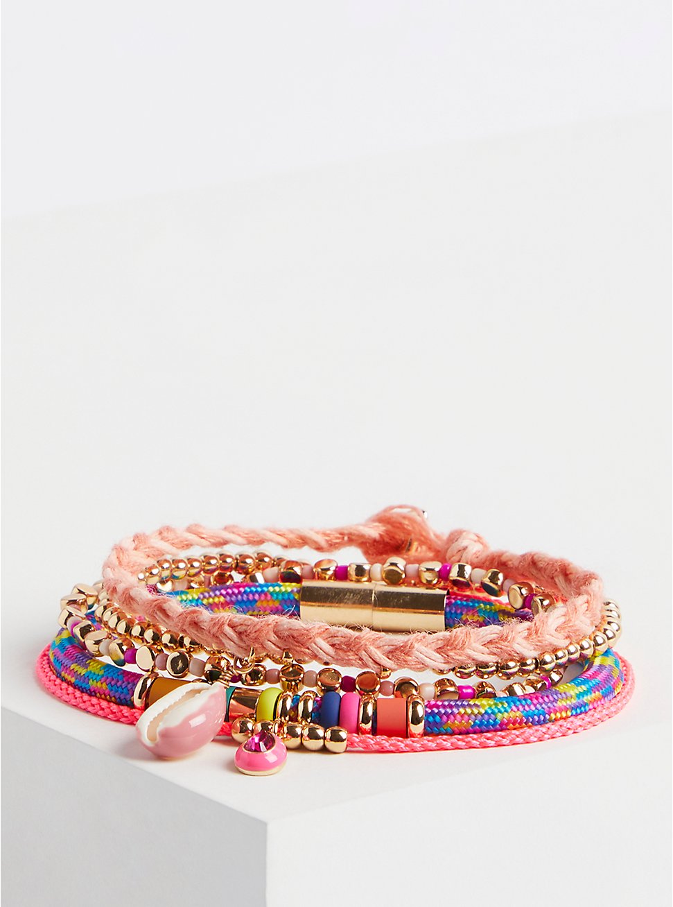 Plus Size Multicolor Bead and Cord Bracelets Set of 4 - Gold Tone, MULTI, hi-res