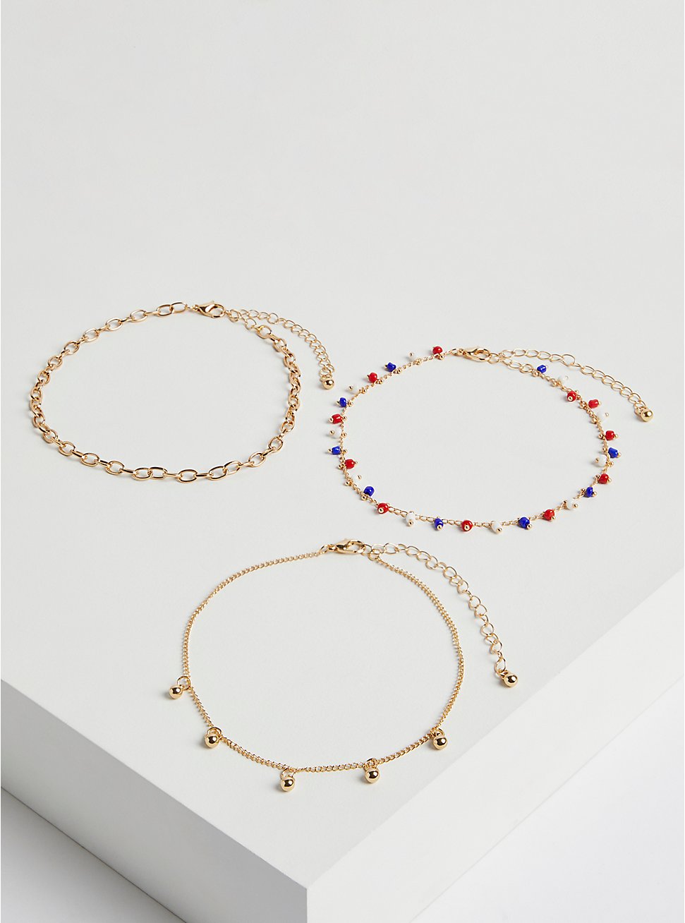 Red White & Blue Beaded Anklets Set of 3 - Gold Tone, , hi-res