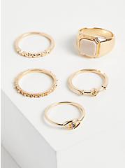 Signet Ring Set of 5 - Pink & Gold Tone, GOLD, hi-res