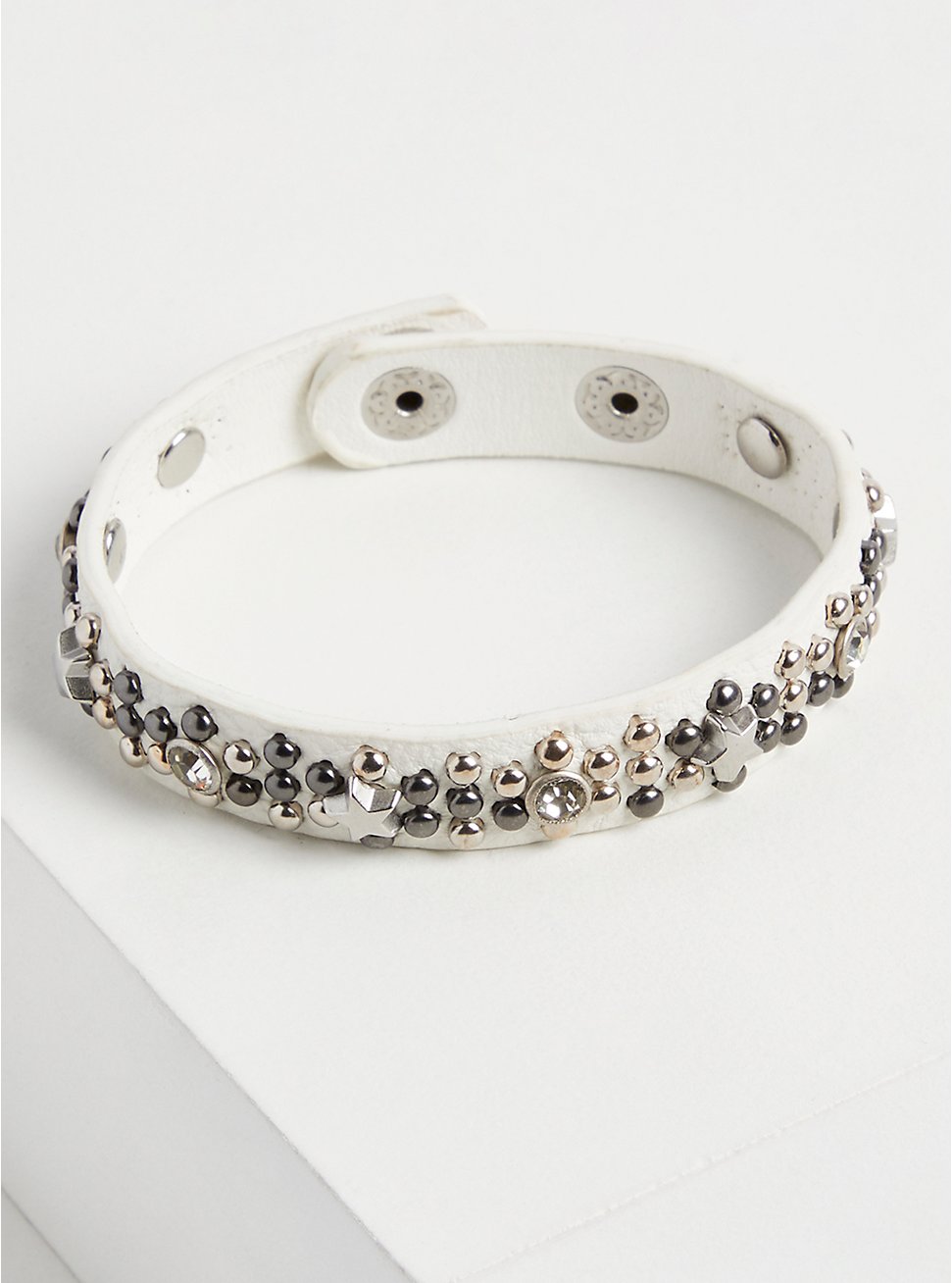 Plus Size Studded Bracelet - Faux Leather White & Silver, MULTI, hi-res
