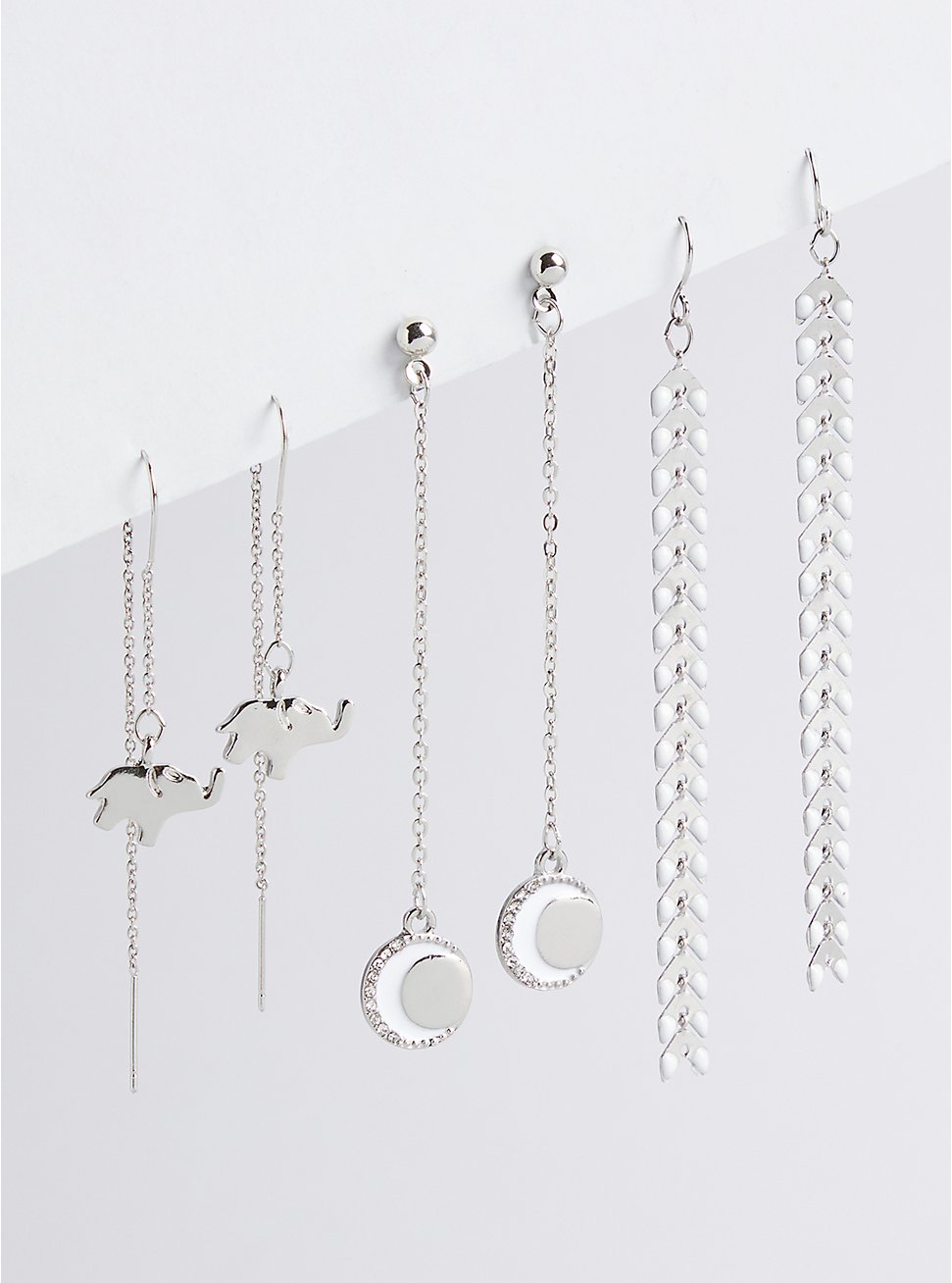 Elephant, Moon & Arrow Linear Earring Set - Silver Tone, , hi-res