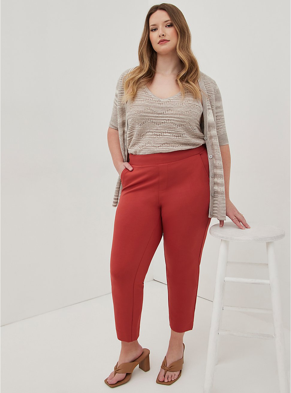 Plus Size Pull-On Tapered Trouser - Ponte Rust, RED, hi-res