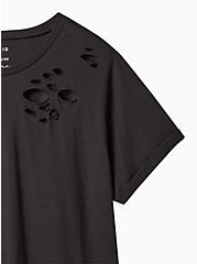 Relaxed Fit Cotton Poly Jersey Crewneck Destructed Roll Sleeve Tee, DEEP BLACK, alternate