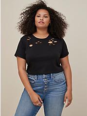 Plus Size Relaxed Fit Cotton Poly Jersey Crewneck Destructed Roll Sleeve Tee, DEEP BLACK, hi-res