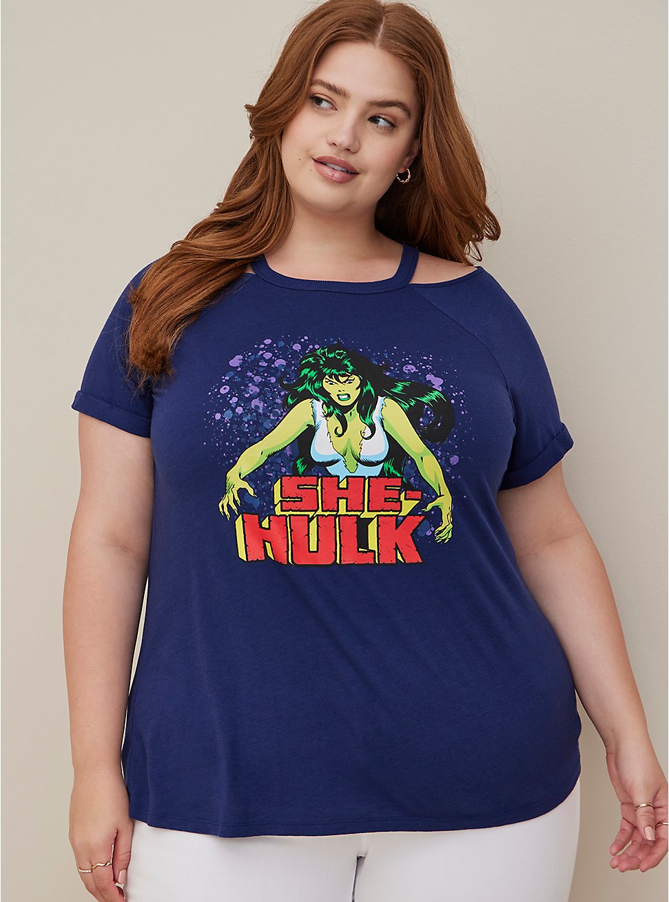 Plus Size Marvel She Hulk Cold Shoulder Goddess Top - Triblend Jersey Blue, MEDEVIAL BLUE, hi-res