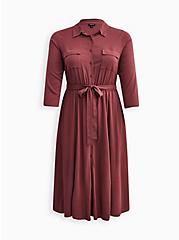 Plus Size Tie Waist Midi Shirt Dress - Dusty Red, WILD GINGER: BURGUNDY, hi-res