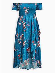 Plus Size Off Shoulder Smocked Hi-Low Maxi Dress - Challis Floral Blue, FLORAL - BLUE, hi-res
