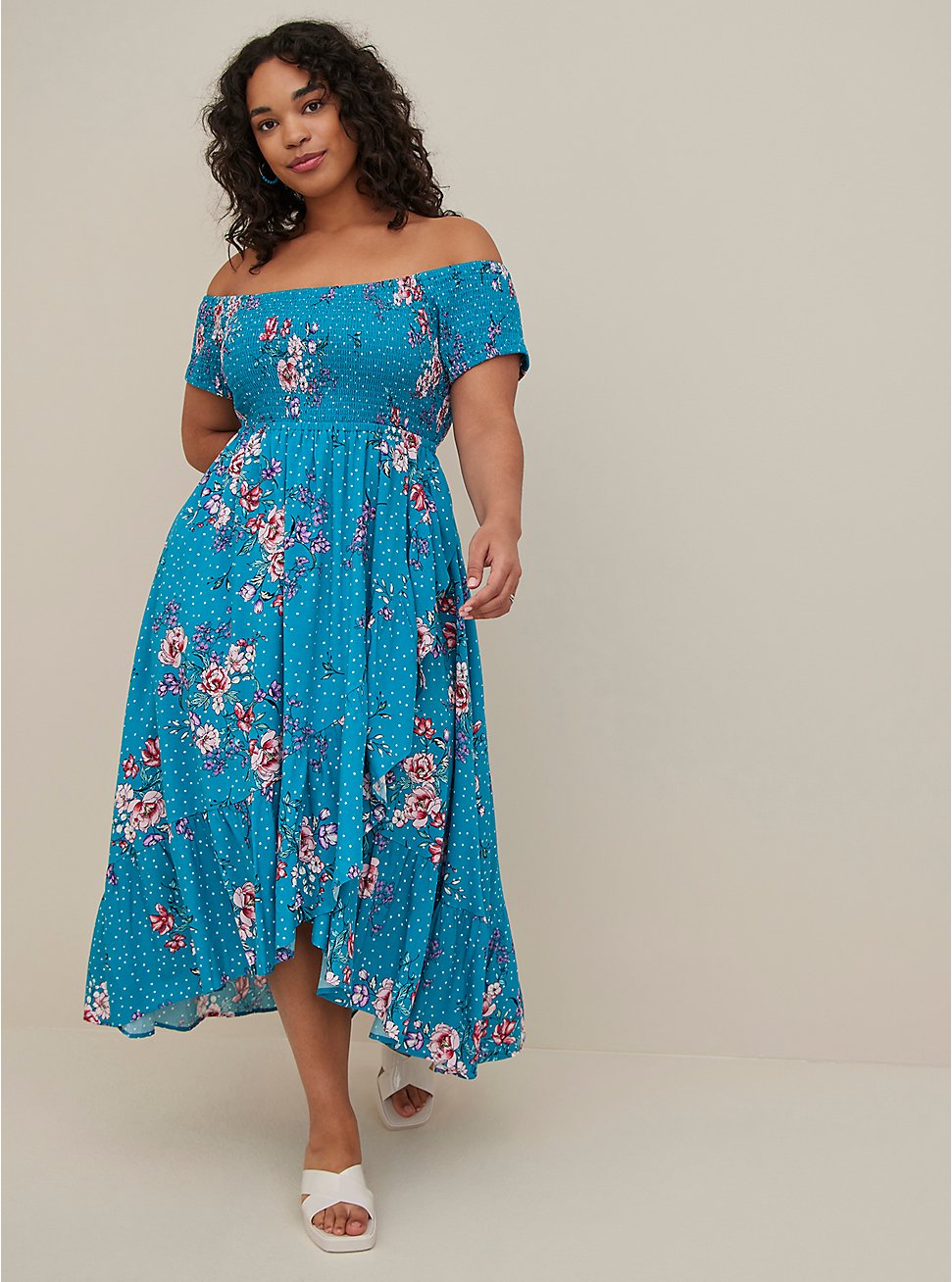 Plus Size Off Shoulder Smocked Hi-Low Maxi Dress - Challis Floral Blue, FLORAL - BLUE, hi-res