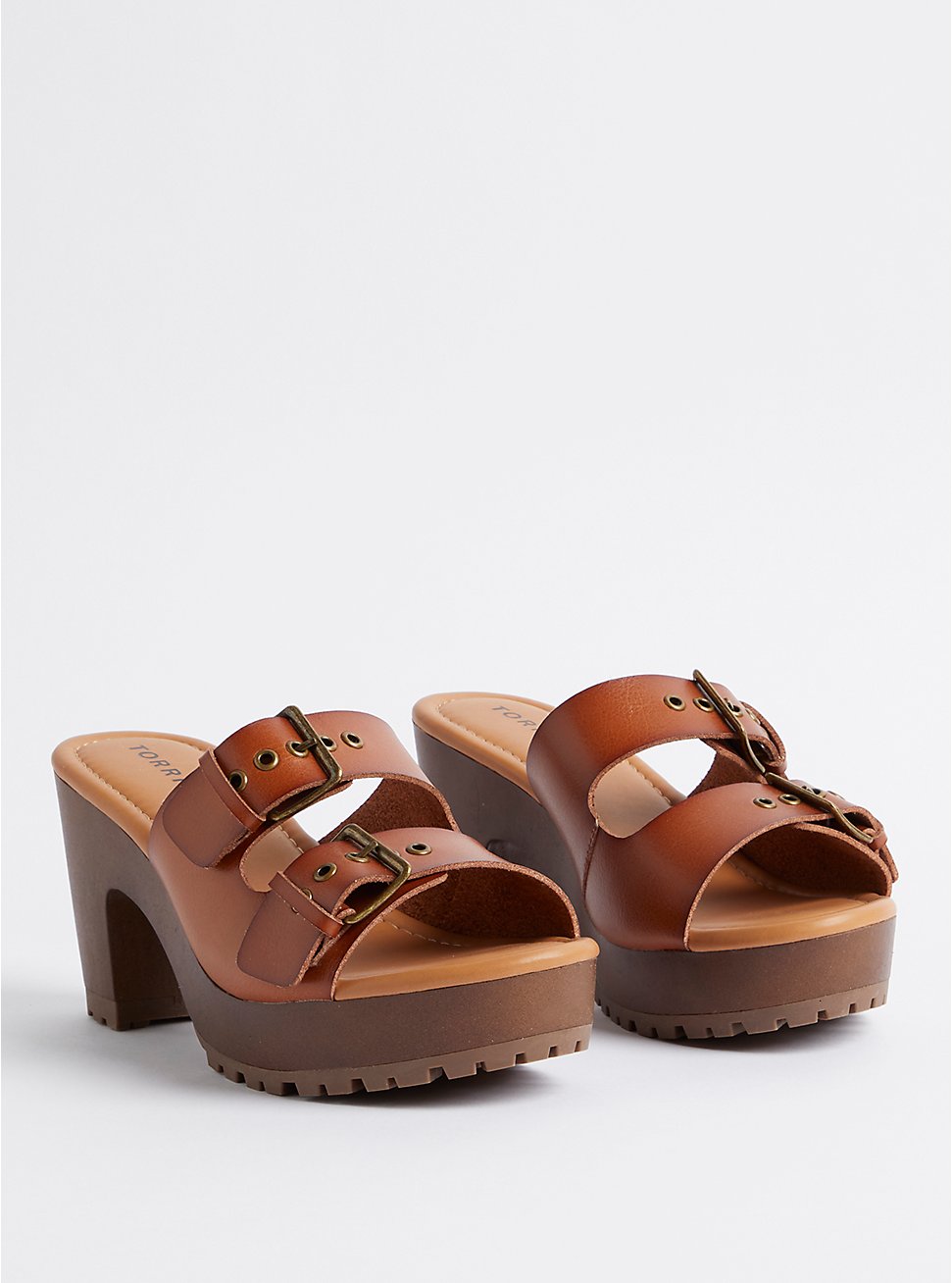 Plus Size Double Buckle Platform Wooden Heel Sandal - Tan (WW), COGNAC, hi-res