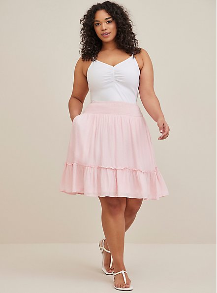 Plus Size Smocked Waist Ruffle Edge Mini Skirt - Pink, ROSE SHADOW, alternate