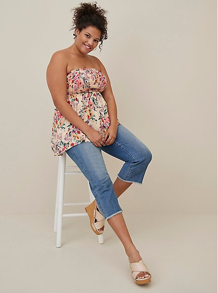 Plus Size Smocked Tube Top - Textured Stretched Rayon Floral Beige, FLORAL - TAUPE, alternate