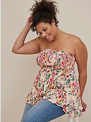 Plus Size Smocked Tube Top - Textured Stretched Rayon Floral Beige, FLORAL - TAUPE, hi-res